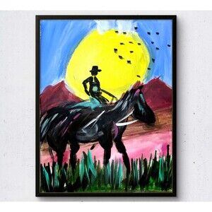 WS original mountain cowboy horse painting 14X11 canvas abstract modern wall art